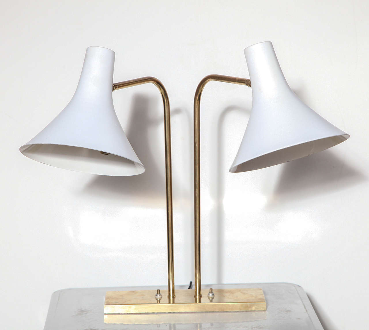 Mid-20th Century 1950s Nessen Studios Double Cone Brass Library Lamp with White Shades