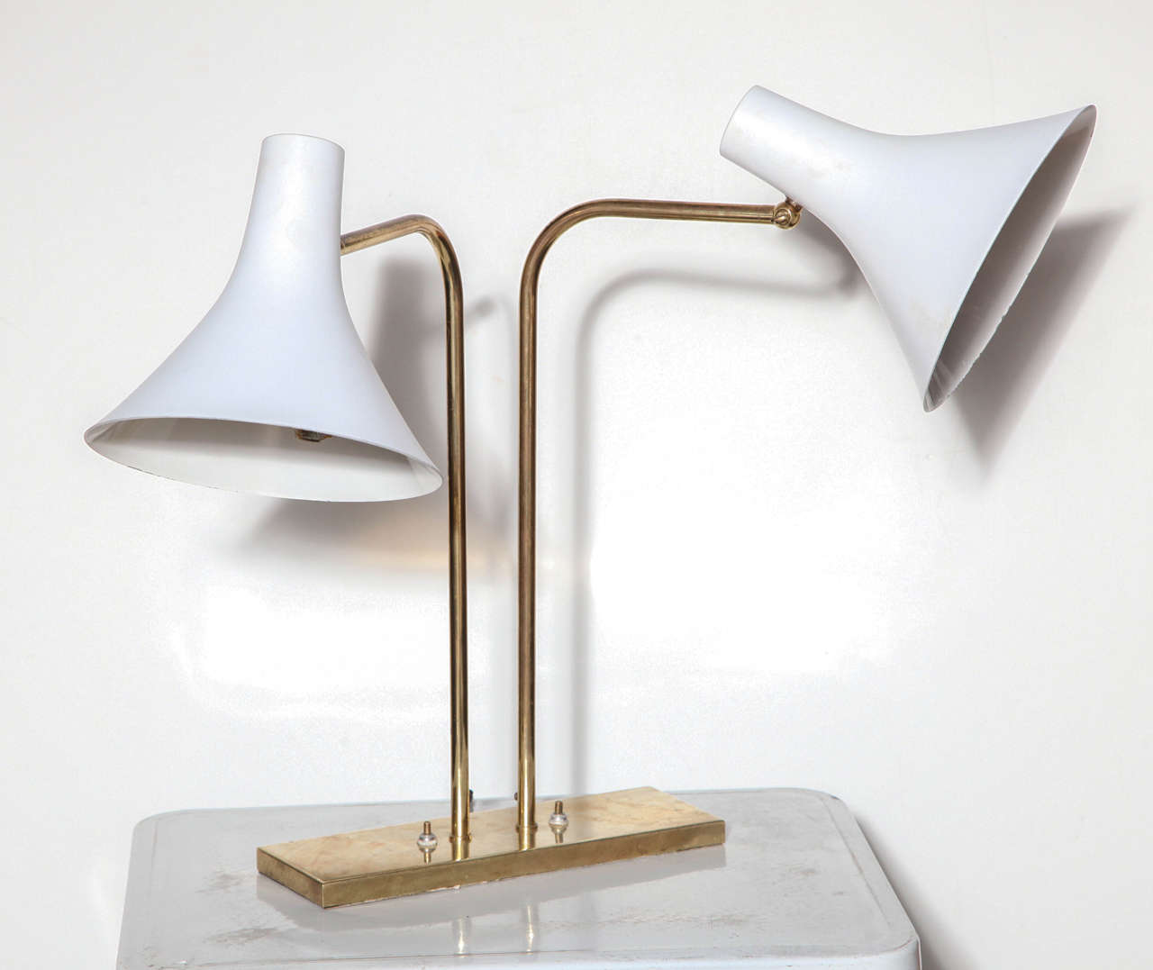 1950s Nessen Studios Double Cone Brass Library Lamp with White Shades 1