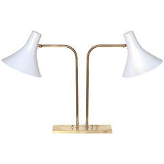 1950s Nessen Studios Double Cone Brass Library Lamp with White Shades