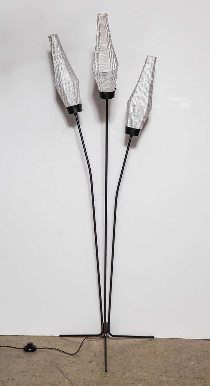 French Modern Black Tripod Floor Lamp with 3 White Bud Shades, 1950s