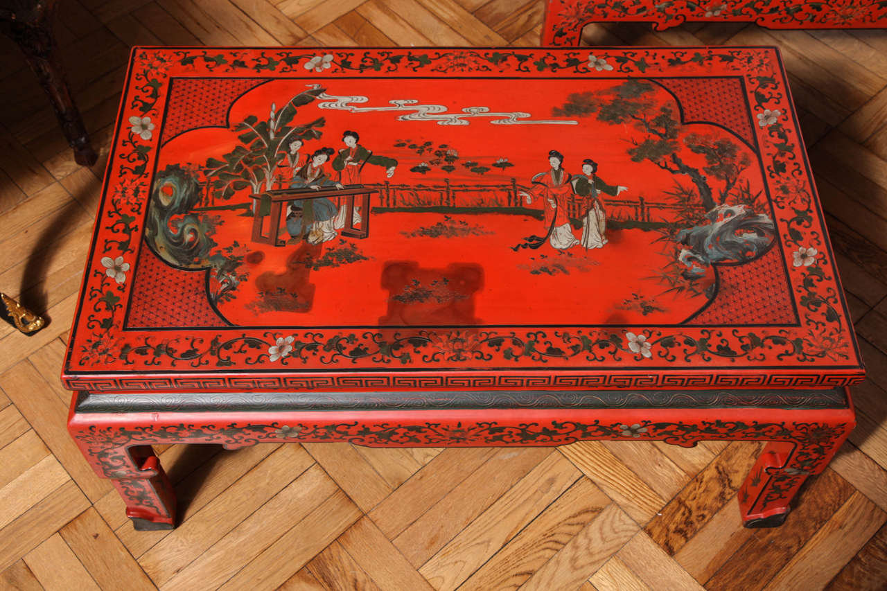 French Pair of Carved and Chinoiserie Decorated Lacquer Low Tables, France circa 1920