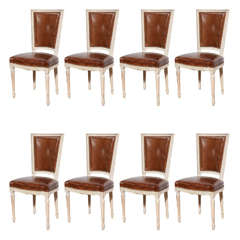 Set of Eight Louis XVI Style Carved and Painted Dining Chairs, France circa 1920