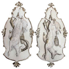 Antique Pair of Painted and Silver, Gilt Hunting-Themed Black Forest Appliques