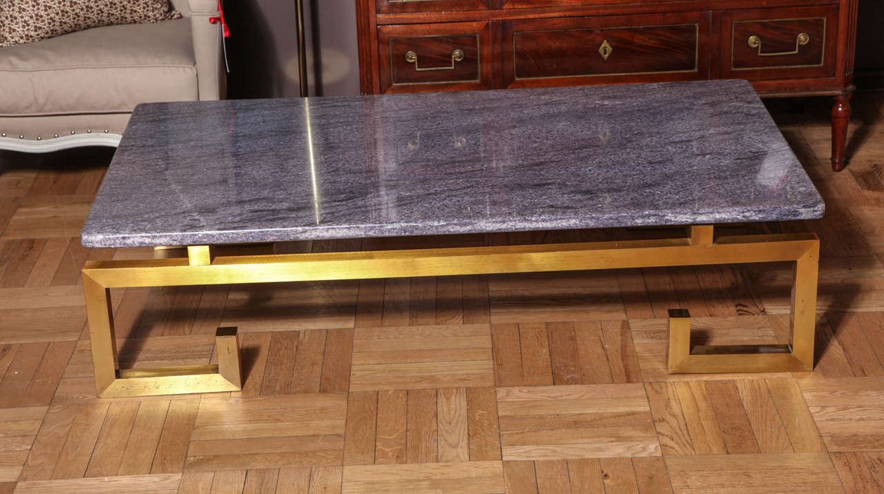 A Large Brass and Mauve Blue Marble Topped Coffee Table, France c. 1970