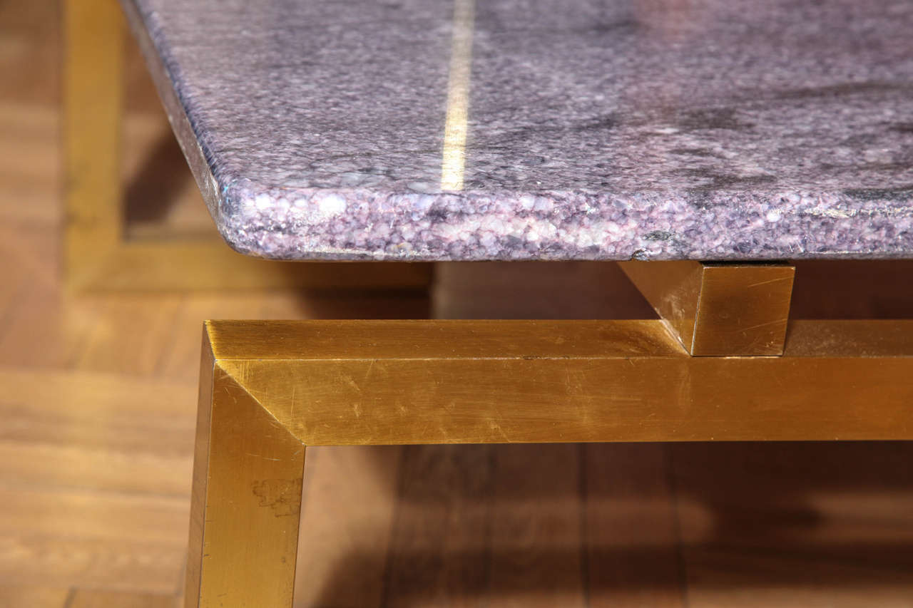 Late 20th Century Large Brass and Mauve Blue Marble-Top Coffee Table, France circa 1970 For Sale
