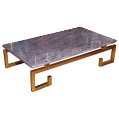 Large Brass and Mauve Blue Marble-Top Coffee Table, France circa 1970