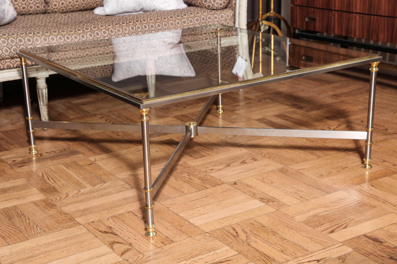 A Large Square Steel and Brass Trimmed Glass Insert Coffee Table, France c. 1960