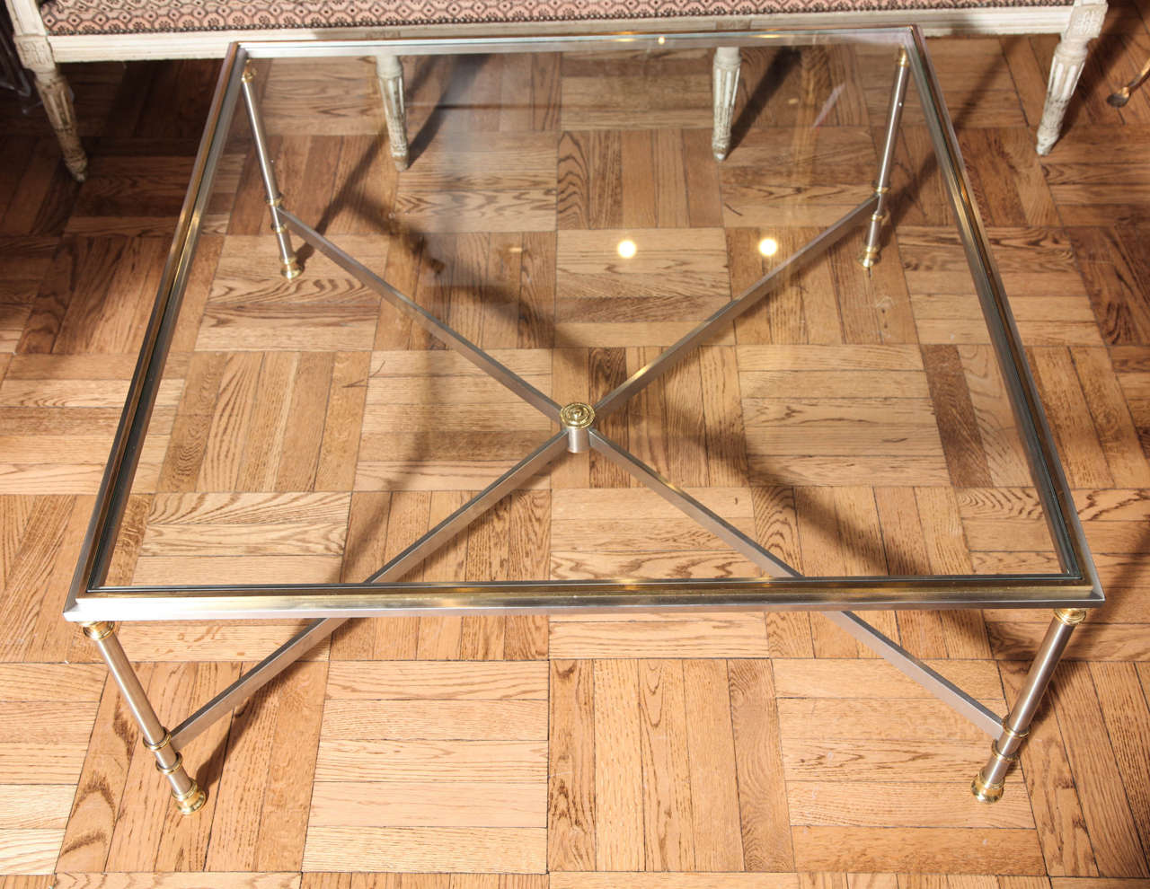 Large Steel and Brass Trimmed, Glass Insert Coffee Table, France circa 1960 For Sale 2