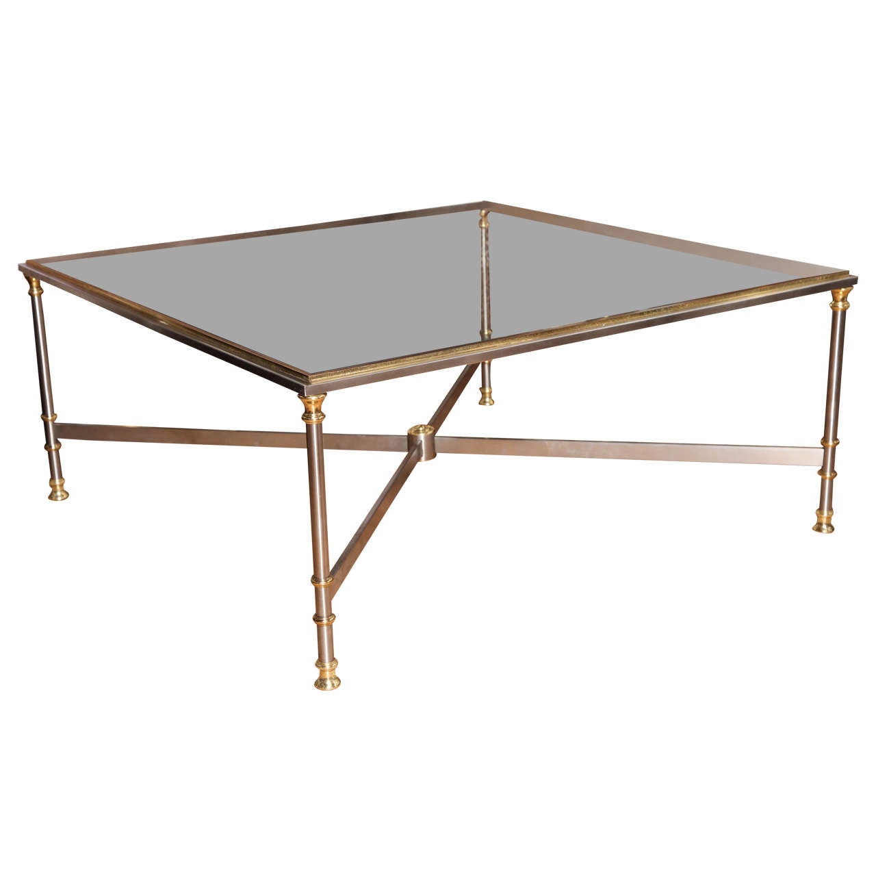 Large Steel and Brass Trimmed, Glass Insert Coffee Table, France circa 1960 For Sale