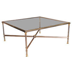 Large Steel and Brass Trimmed, Glass Insert Coffee Table, France circa 1960