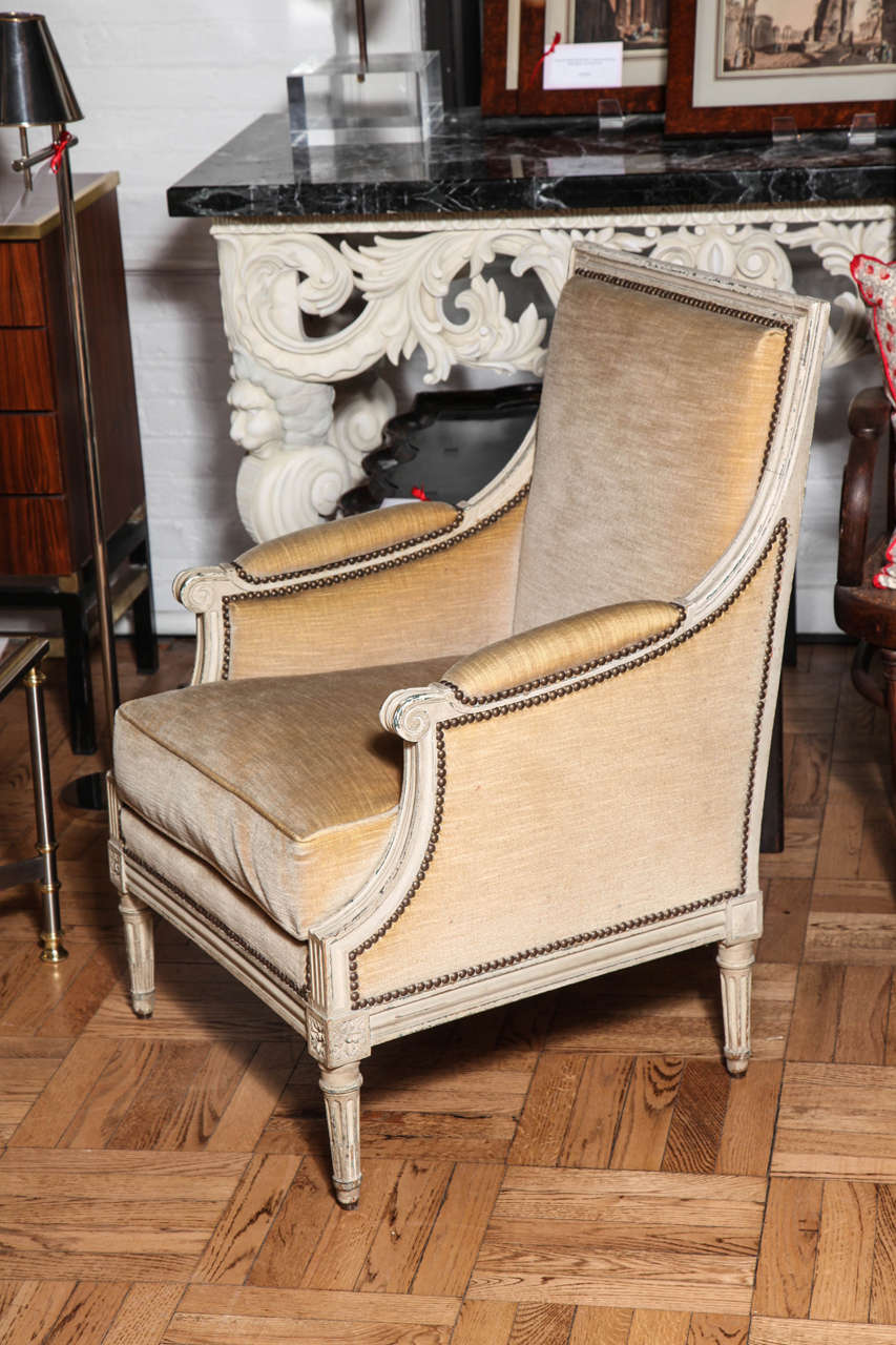 Wool Pair of Carved and Painted Louis XVI Style Bergeres, France circa 1920