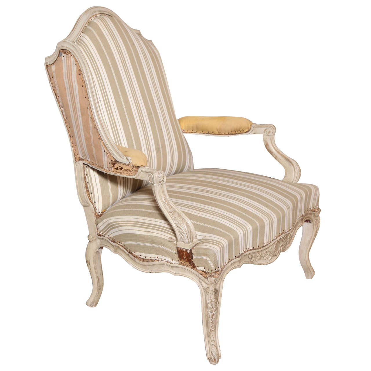 Large Carved and Painted Louis XV Style Wing Back Fauteuil, France circa 1920 For Sale