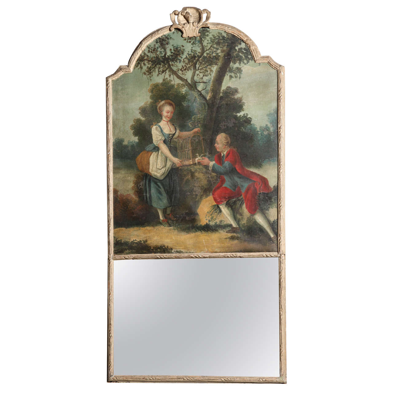 Large Carved and Gilded Trumeau Mirror, France 18th Century For Sale