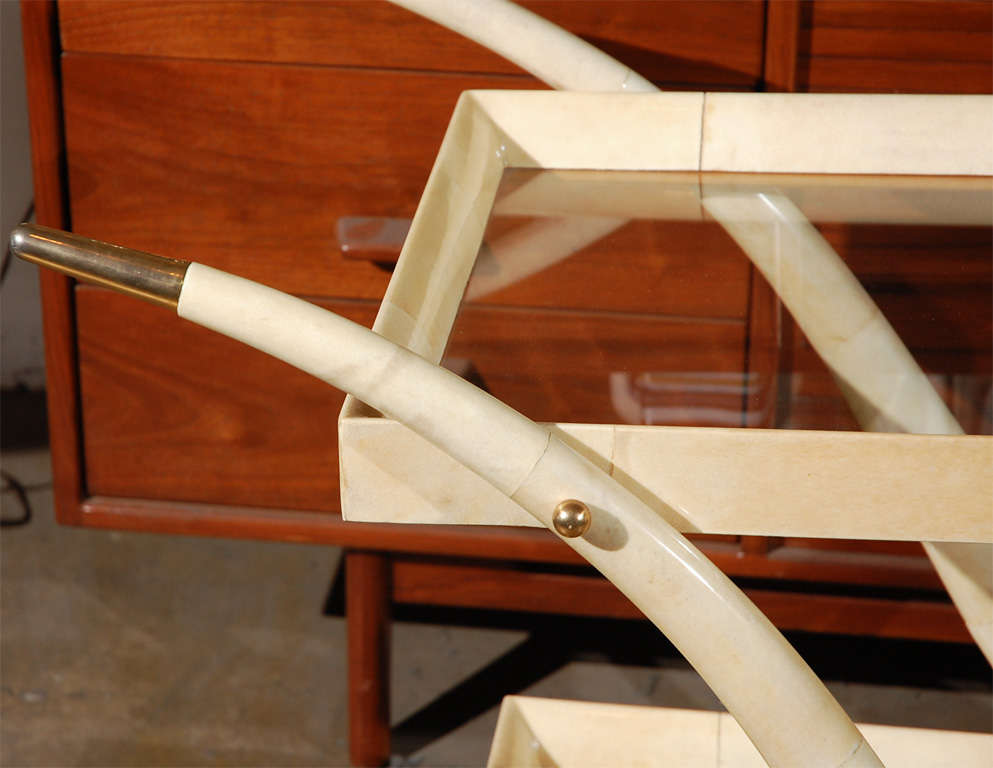 Mid-20th Century Aldo Tura tea/ bar cart in goatskin parchment Swan