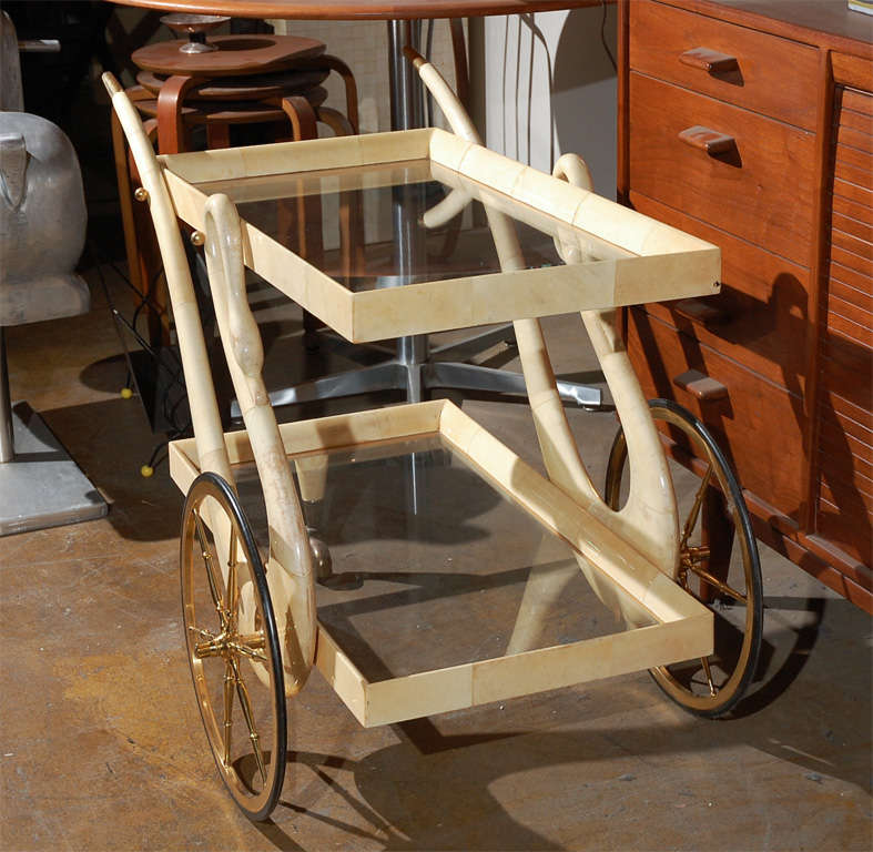 Aldo Tura tea/ bar cart in goatskin parchment Swan 1