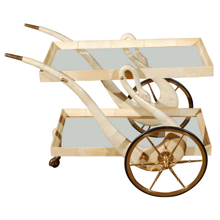 Aldo Tura tea/ bar cart in goatskin parchment Swan