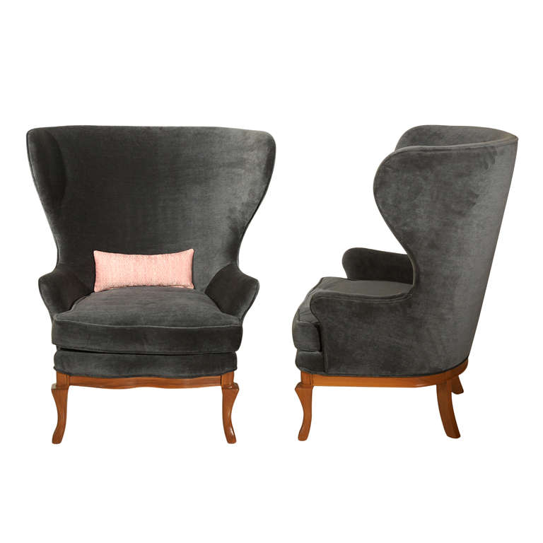 Pair of Wing Back Chairs in Mohair