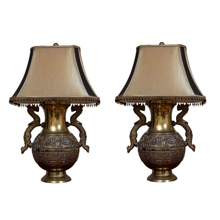 Pair of French Brass Repoussé Dragon Lamps For Sale