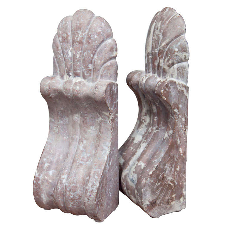 Pair of 19th C English Pink Marble Acanthus Corbel Bookends