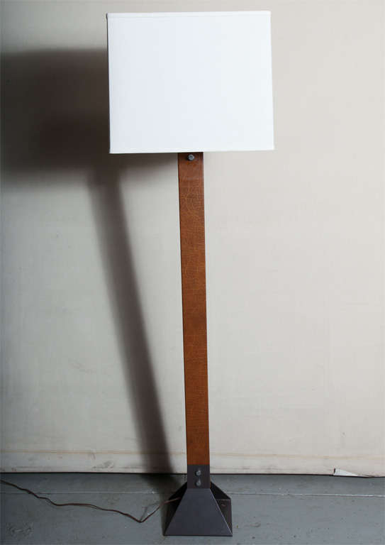 Mid century vinyl inlay pole with enameled metal base, linen shade (17 x 12 x 14 rectangle) not included, 4-60 watts plus 100 watts.  REDUCED from 1500 to 1050  Please contact dealer by clicking 