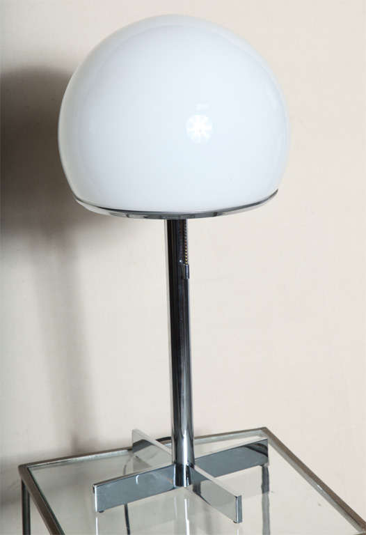 Mid-Century chrome with blown glass shade (11 inches diameter), 75 watts. Reduced from 650 to 350. Please contact dealer by clicking "Contact Dealer" button at the right. Call to insure lamp is in showroom for viewing.