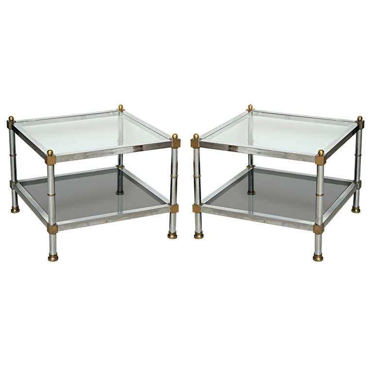 Pair of Maison Jansen Chrome and Brass Side Tables, Signed