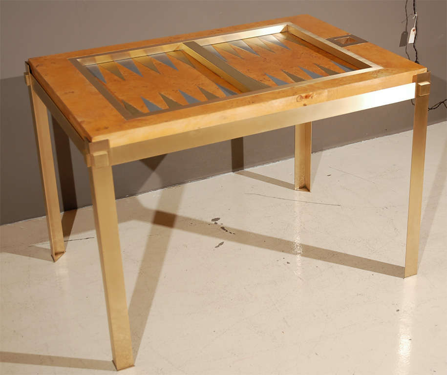 Brass and burled wood backgammon table by the Italian sculptor Tomasso Barbi exclusively for the Casa Bella showroom in NYC in the 1960's .  Game pieces not included.  Table is signed by the designer on the underside.