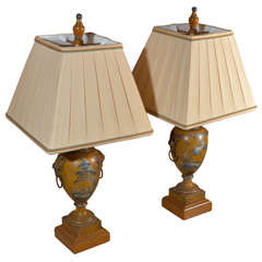 Vintage Yellow Tole Grisaille Painted Urn Lamps