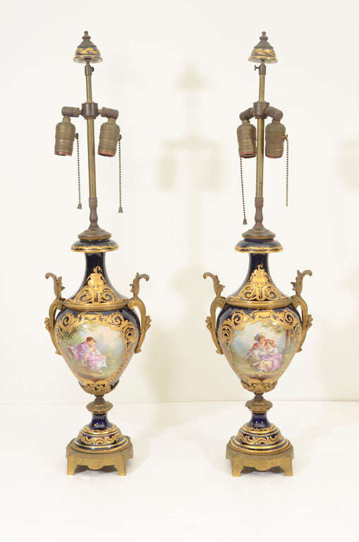 Pair of 19 c Sevres Lamps, Signed
