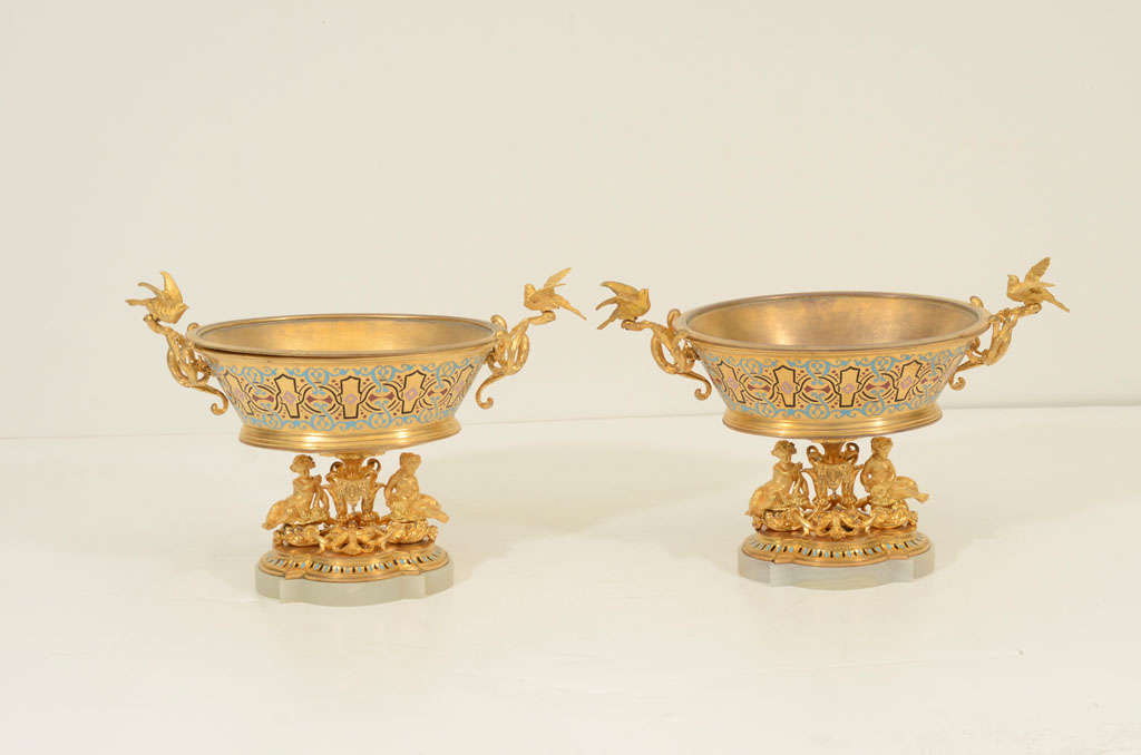 Pair of French and Bronze Enamel Centerpieces
