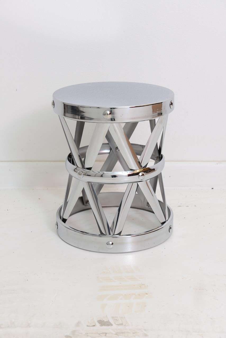 Pair of nickel-plated Sarreid style X-frame side tables or stools.

Please feel free to contact us directly for a shipping quote or additional information by clicking 