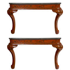 Pair of Red Lacquer Chinoiserie Consoles with Marble Top