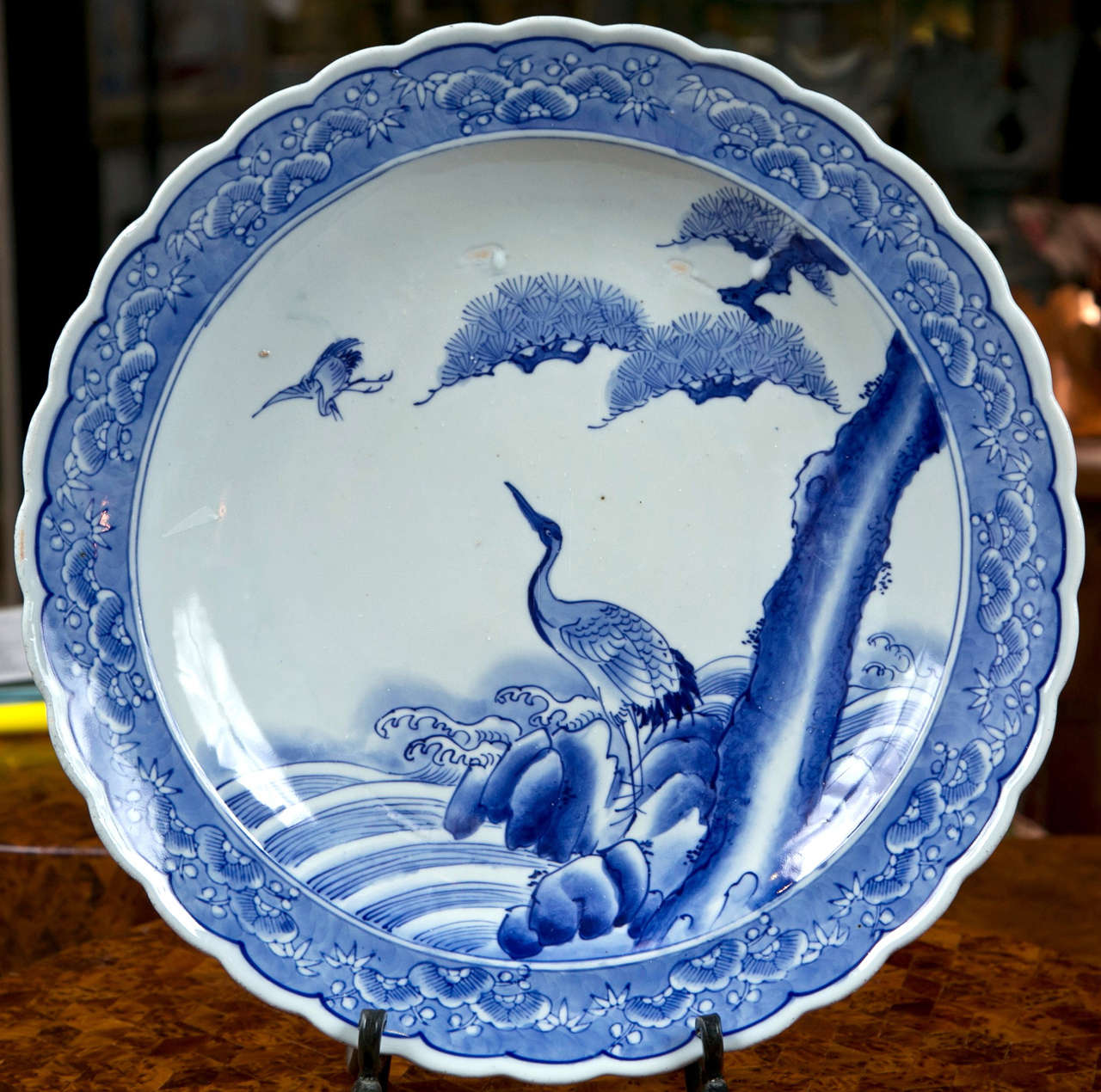  Arita Blue & White Charger with Egret. Late 19th c 1868-1912
Pre 1898 (No markings)- Yamatoku Kin, Meiji Era. 