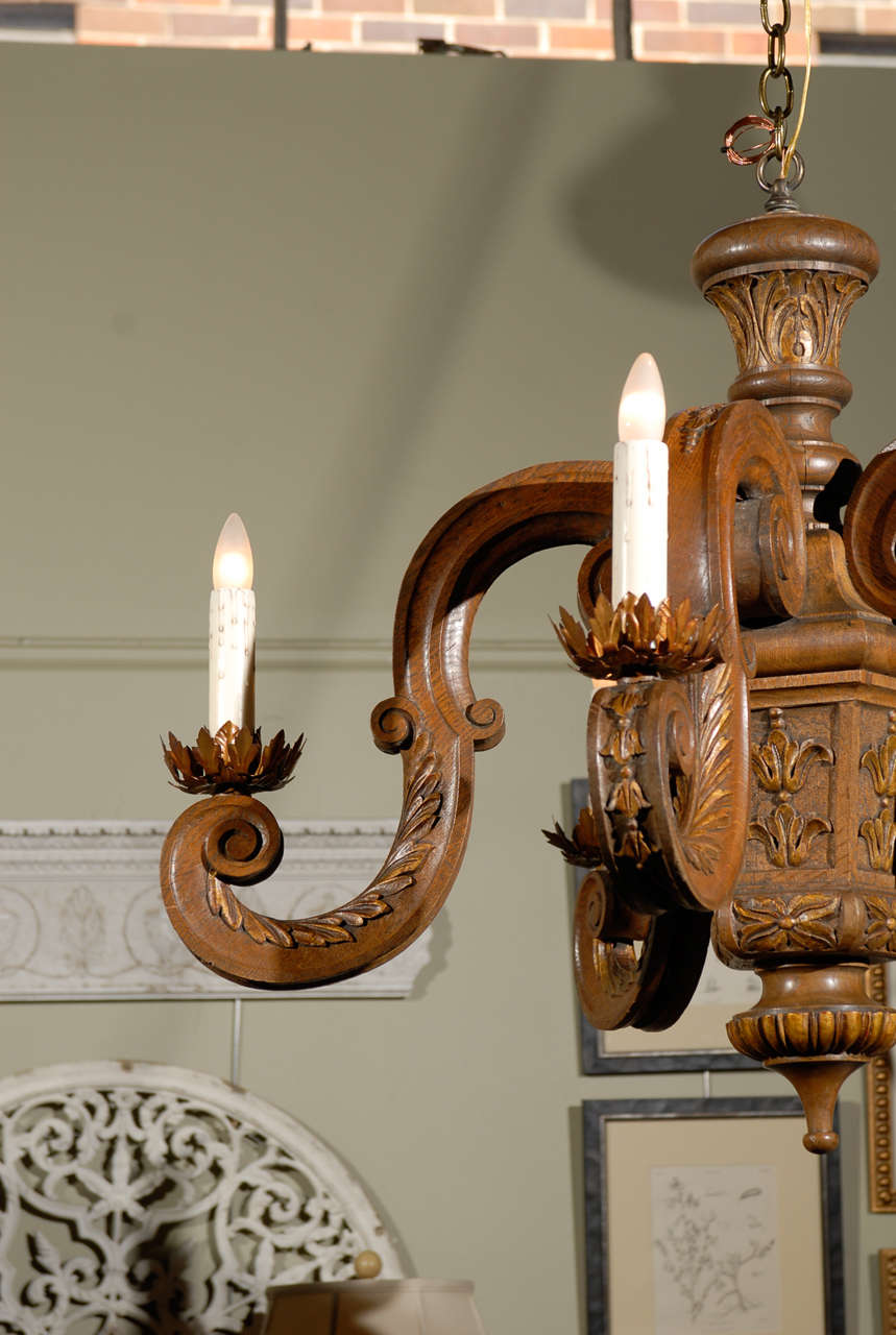 French 19th Century Five-Light Carved Oak Chandelier with S-Scroll Arms In Excellent Condition For Sale In Atlanta, GA