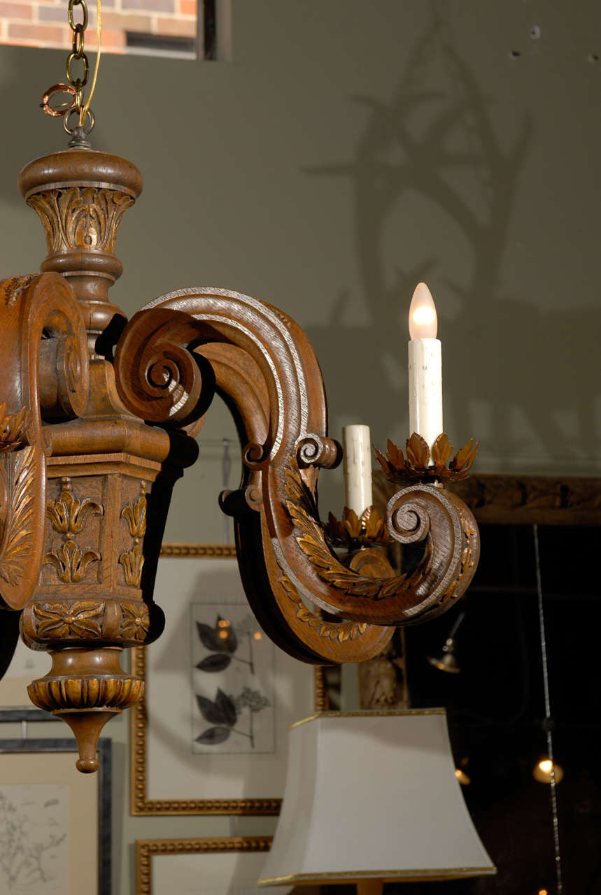 French 19th Century Five-Light Carved Oak Chandelier with S-Scroll Arms For Sale 1