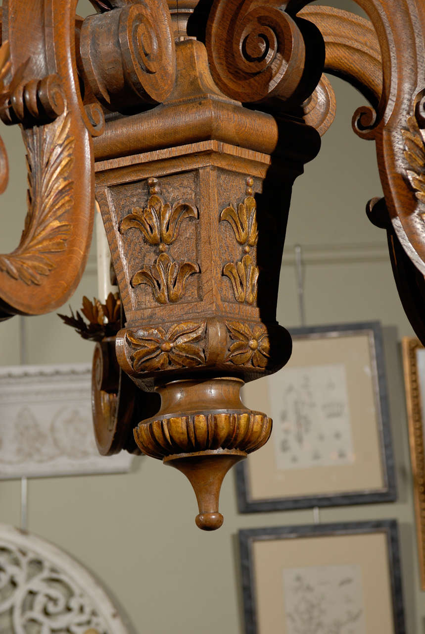 French 19th Century Five-Light Carved Oak Chandelier with S-Scroll Arms For Sale 3