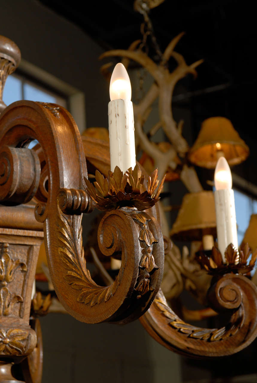 French 19th Century Five-Light Carved Oak Chandelier with S-Scroll Arms For Sale 5