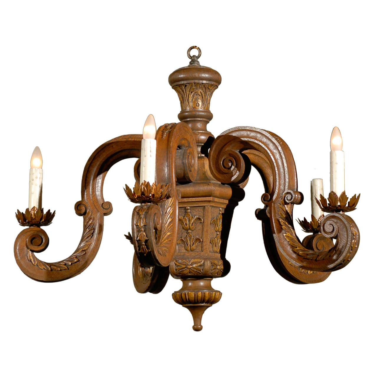 French 19th Century Five-Light Carved Oak Chandelier with S-Scroll Arms For Sale