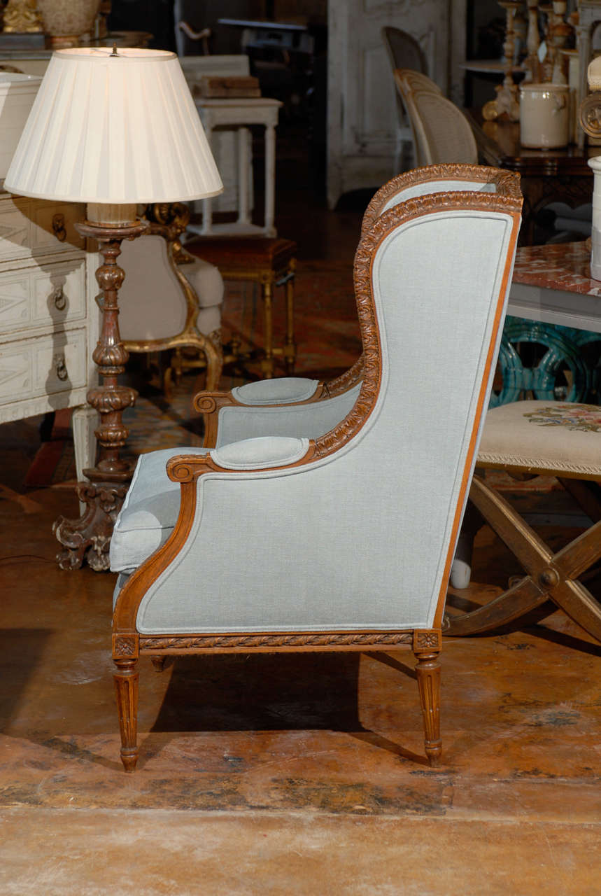 French Walnut Louis XVI style Wingback Bergère Chair with Light Blue Upholstery at 1stDibs