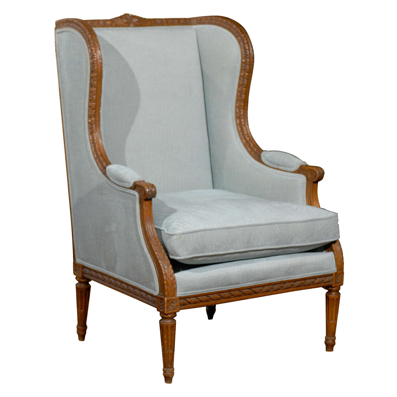 French Walnut Louis XVI style Wingback Bergère Chair with Light Blue