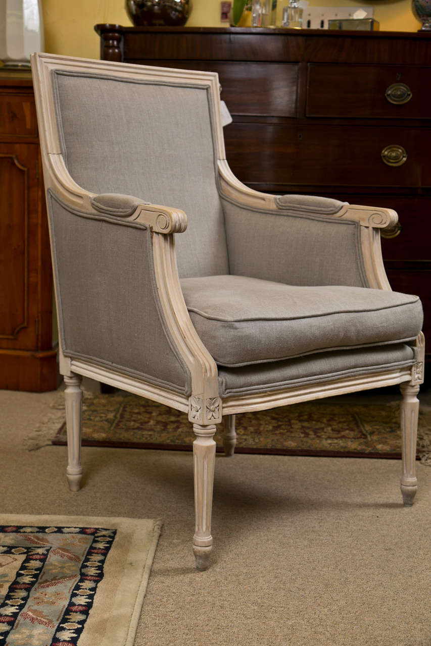 Chairs were made for Dorchester Lobby in 1950- Regency style
Refinished and reupholstered recently in Irish grey linen.Refinished
in natural beech wood with antique white pickle- Arm height
is 26