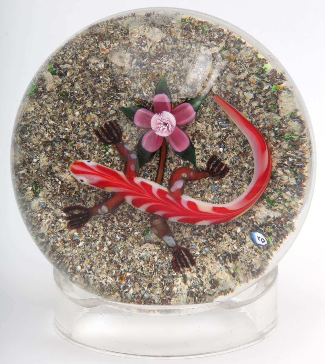 A beautiful Delmo Tarsitano earth life paperweight with a red and white salamander, pink flower, on an earthy ground, signed DT
