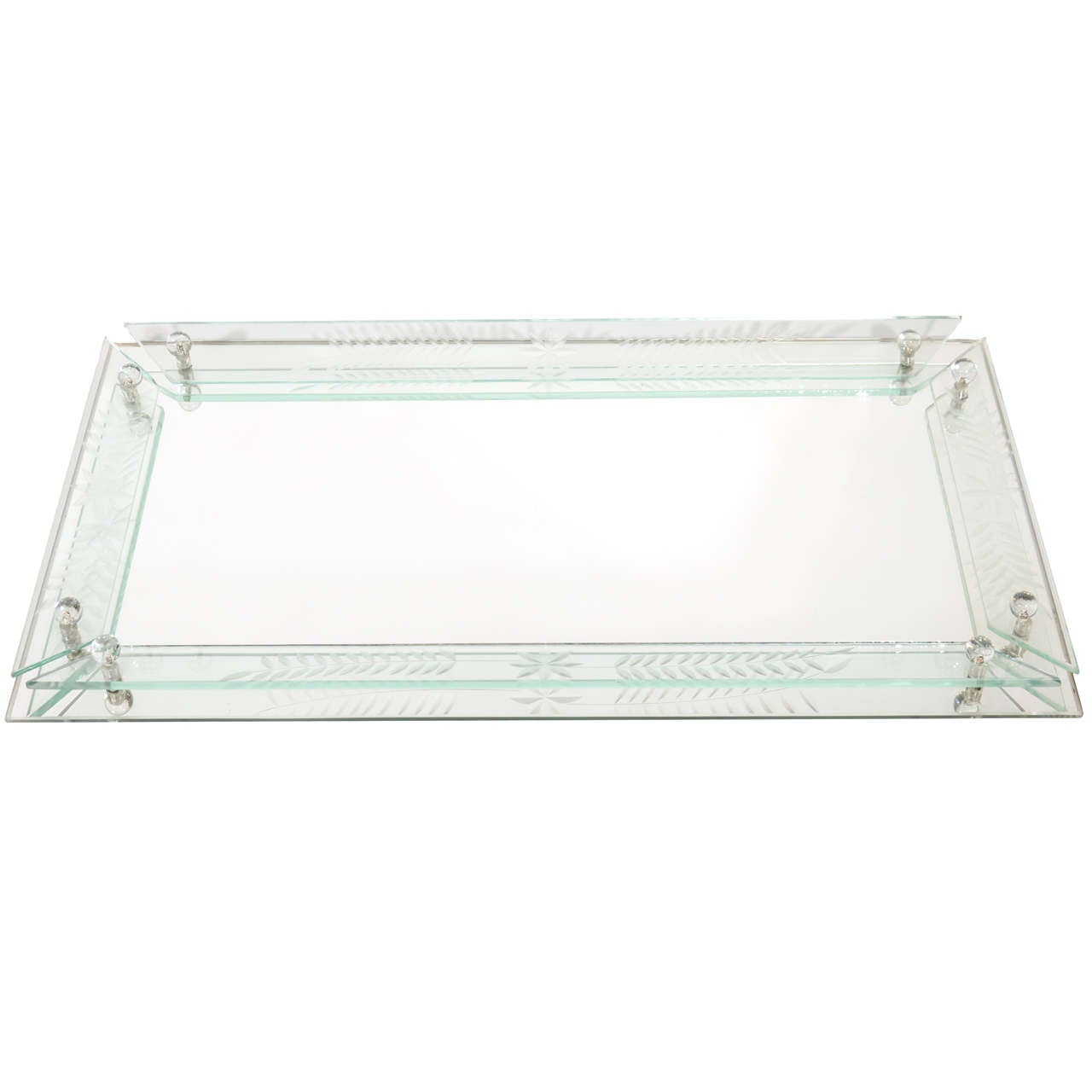 Art Deco Mirrored and Etched Glass Large Vanity Tray
