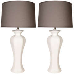 Pair of Stylized White Ceramic Urn Lamps with Asian Inspired Design