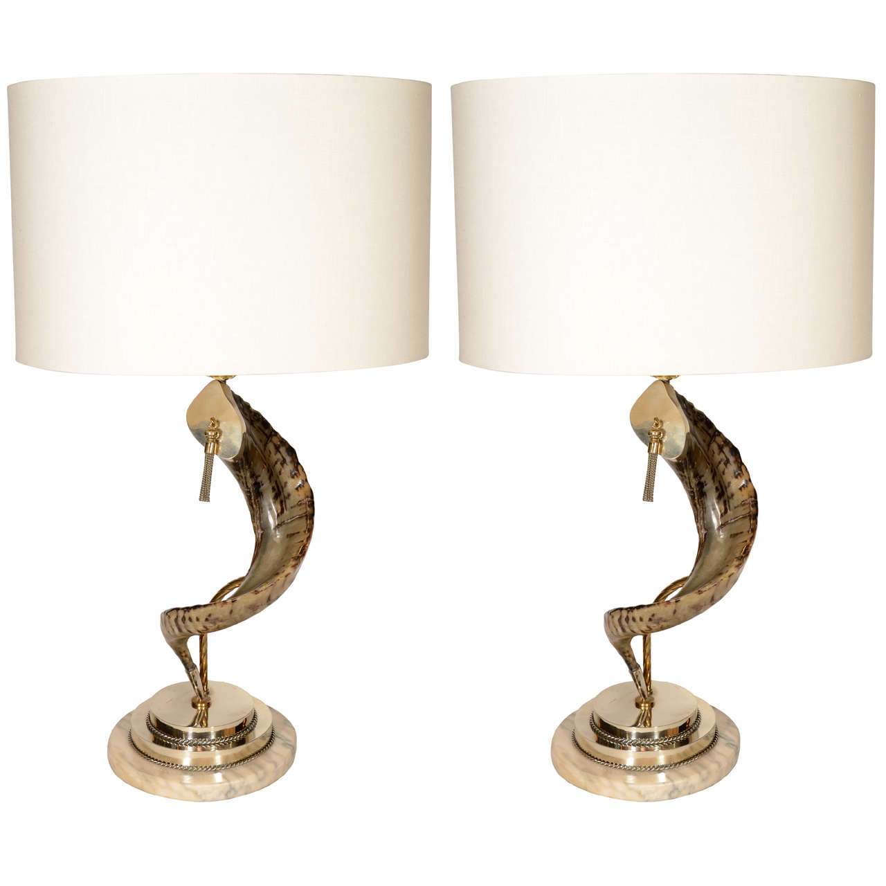 Pair of Large Ram Horn Lamps With Exotic Marble Bases