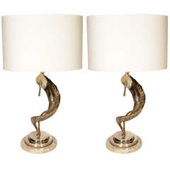 Pair of Large Ram Horn Lamps With Exotic Marble Bases