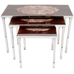 Set/Three Modern Nesting Tables with Ceramic Tiles in the Style of Roger Capron