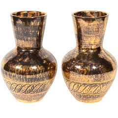 Pair of 1940's Art Deco Black Gold Vases by Stangl