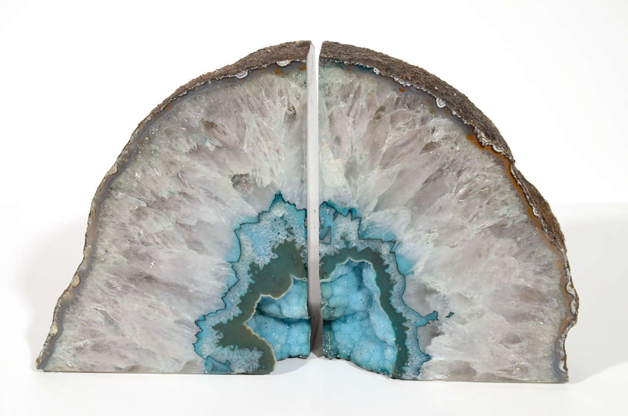 Pair of Natural Agate Bookends with Turquoise Geode Centers