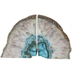 Pair of Natural Agate Bookends with Turquoise Geode Centers